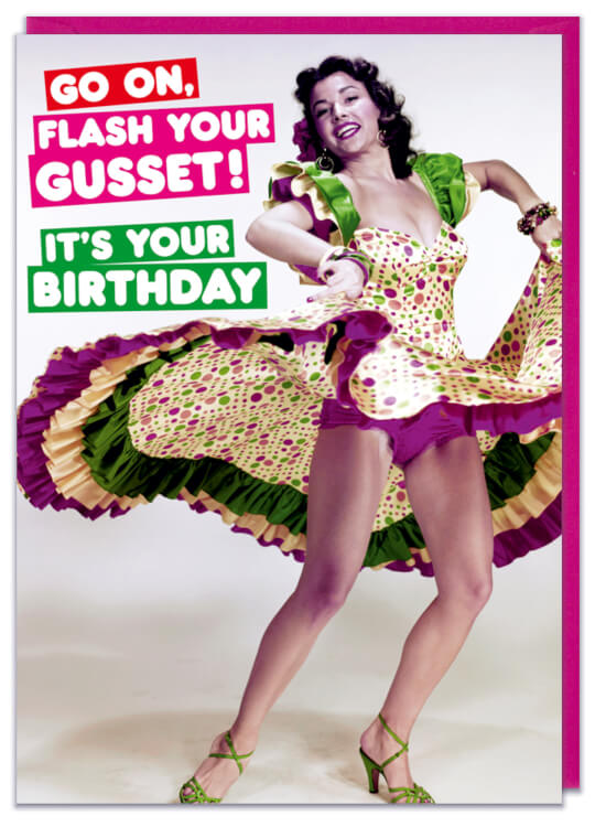 A birthday card with a picture of a woman twirling her big skirt exposing her thighs
