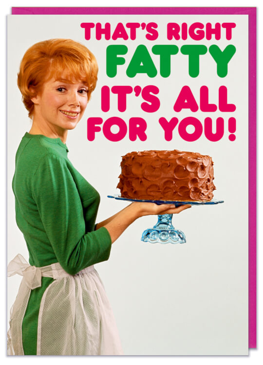 A greeting card with a picture of a smiling woman holding a big cake