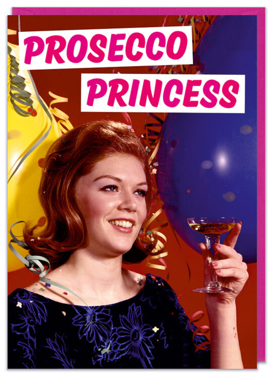 A greeting card with a retro picture of a young woman holding a glass of prosecco