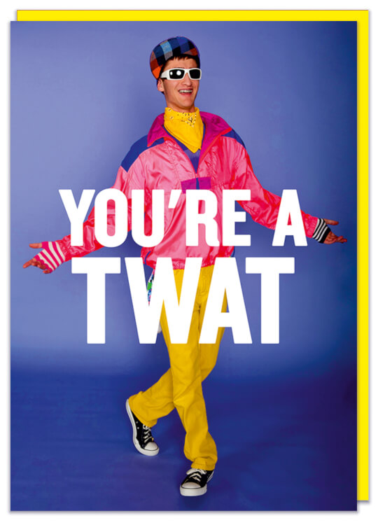 A greeting card with a funny picture of a man in a 1990s shell suit