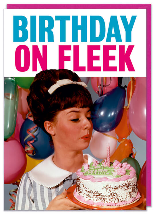 A birthday card with a 1960s picture of a young girl blowing out candles against a background of balloons