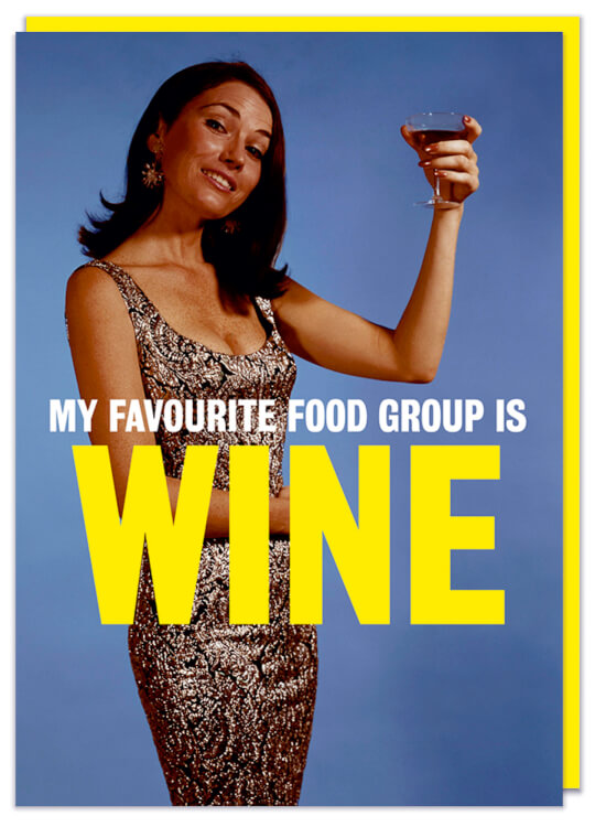 A birthday card with a picture of a smiling retro woman holding a glass of wine