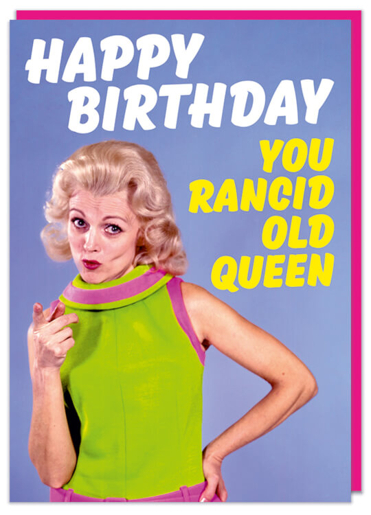 A birthday card featuring a picture of a sarcastic looking woman in a lime green dress