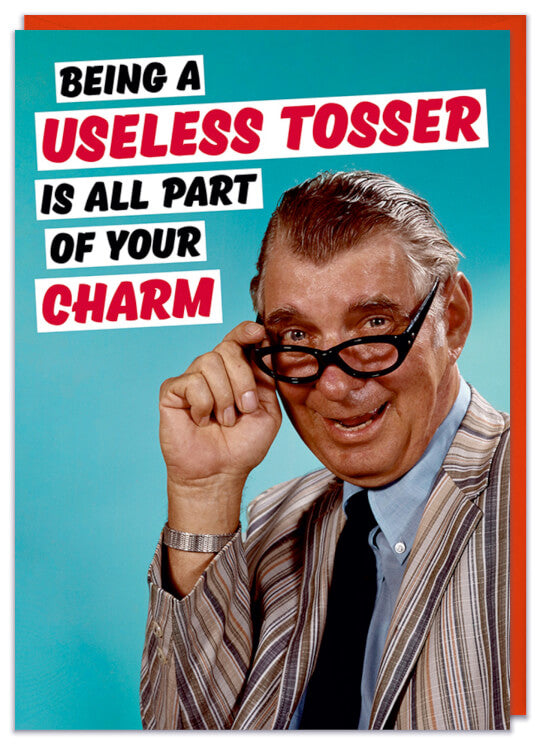 A greeting card with a retro styled businessman looking down his glasses