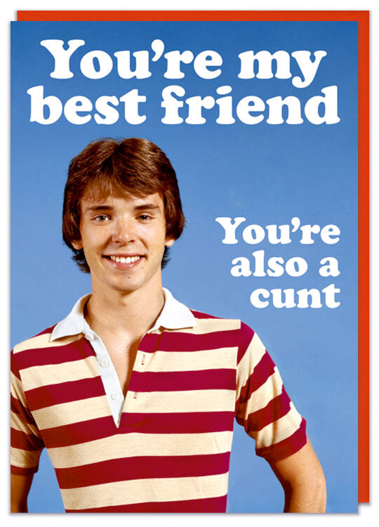 A greeting card with a young adult male in a stripy shirt smiling at the camera