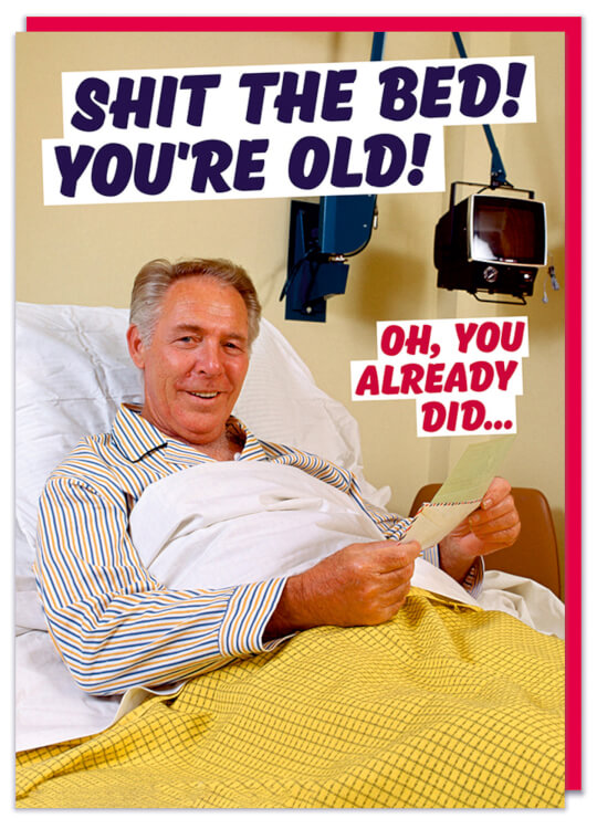 A birthday card with a 1960s picture of a smiling male patient in an hospital bed
