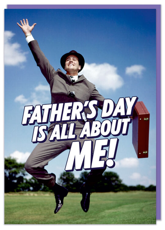A Fathers Day card with a retro image of a businessman jumping in the air