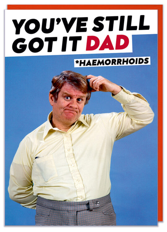 A funny Fathers Day card with a 1960s photo of a man scratching his head