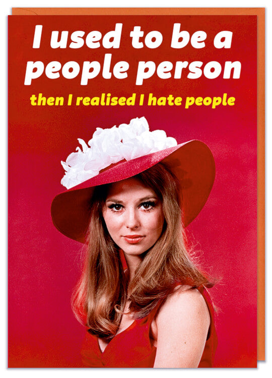 A greeting card with a retro picture of a woman in a large red hat