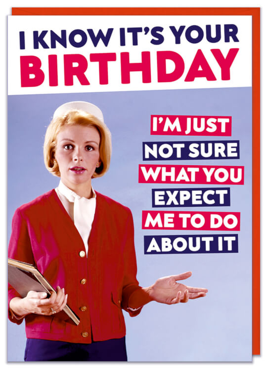 A birthday card with a retro photo of an exasperated woman