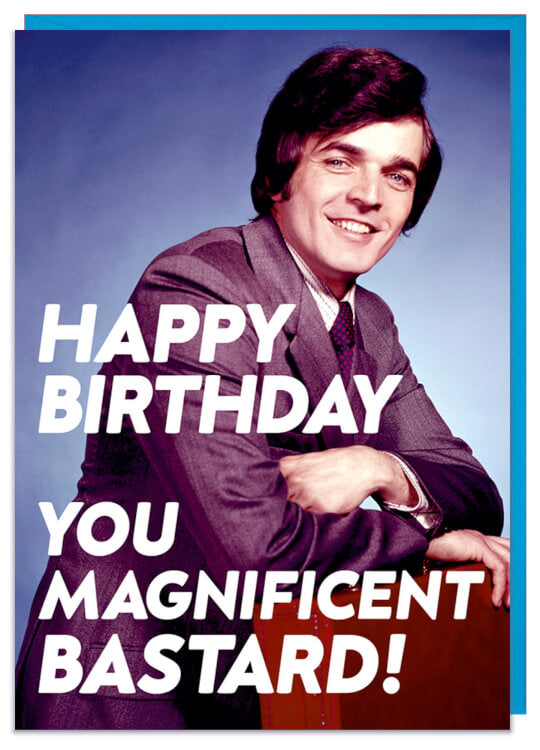 A birthday card with a 1960s photo of a smiling businessman leaning on his briefcase