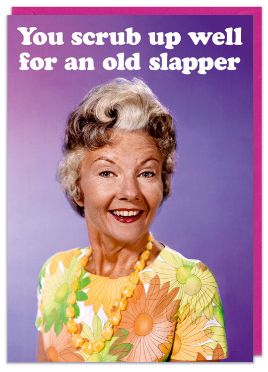 A birthday card with a 1960s photo of a smiling sarcastic looking older woman looking at camera