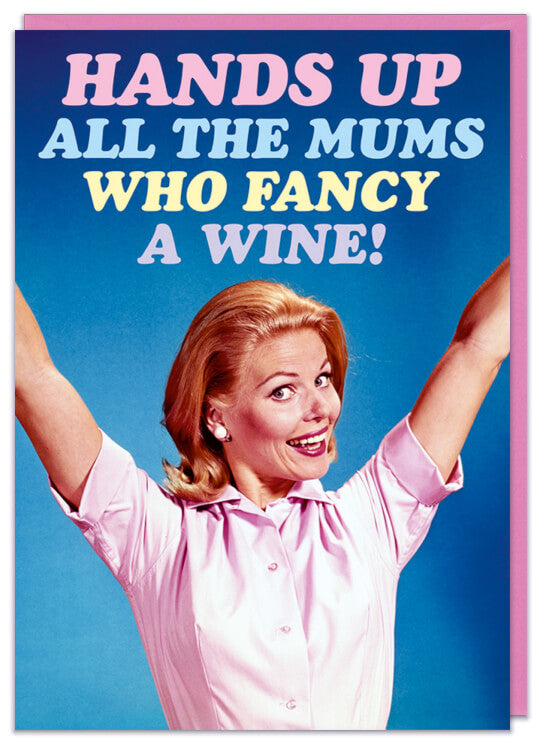 A mothers day card with a retro picture of a smiling woman in a pastel shirt with her hands up looking at camera