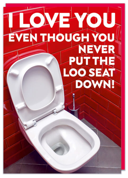 A Valentine's card with a picture of a toilet seat with the lid up in a red tiled bathroom