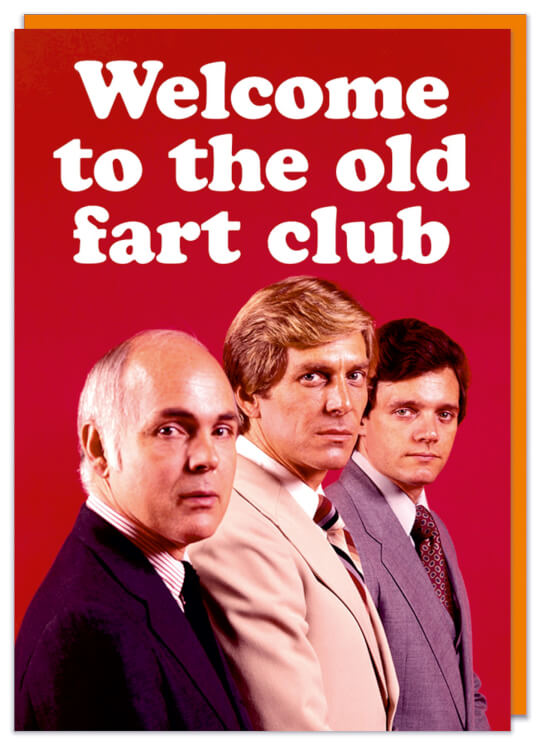 A birthday card with a 1960's photo of three men sideways looking to the camera against a red background