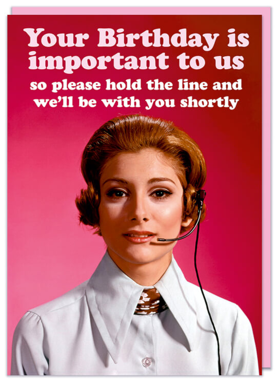 A birthday card with a 1960s photo of a female call centre operator looking direct to the camera