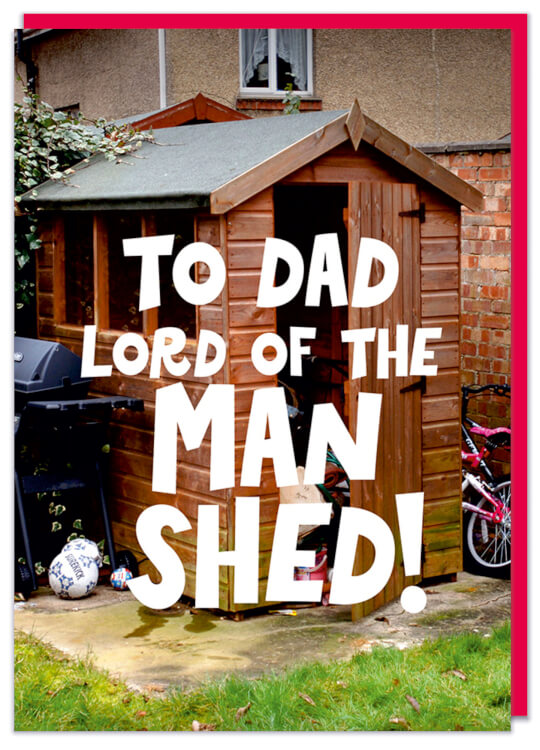 A greeting Card with a photo of a typical British messy shed at the bottom of the garden