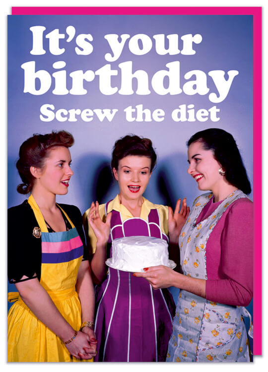 A birthday card with a retro image of two women presenting another excited one with a big birthday cake
