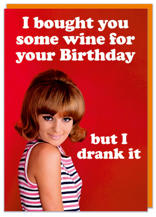 A birthday card with a retro picture of a smiling young woman against a bold red background