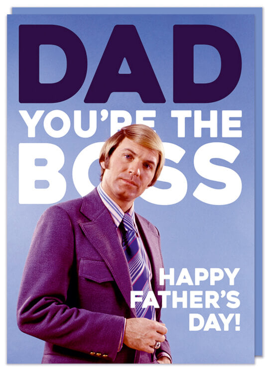 A funny Father's Day card with a picture of a 1970s serious looking blonde haired man looking to camera
