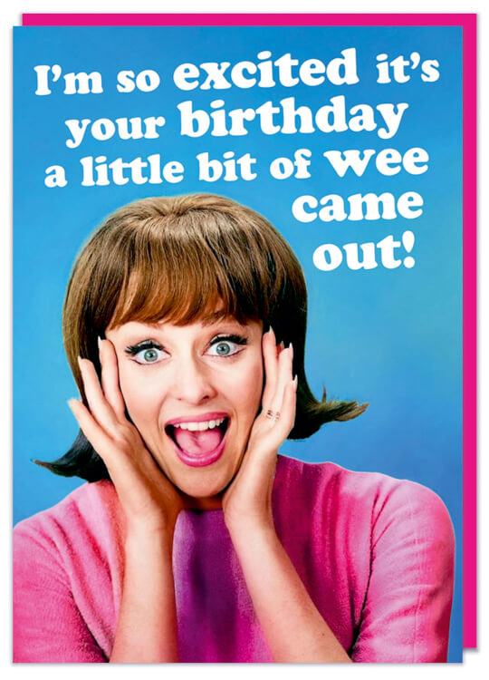 A funny birthday card with a retro photo of an excited woman holding her hands to her head against a blue background