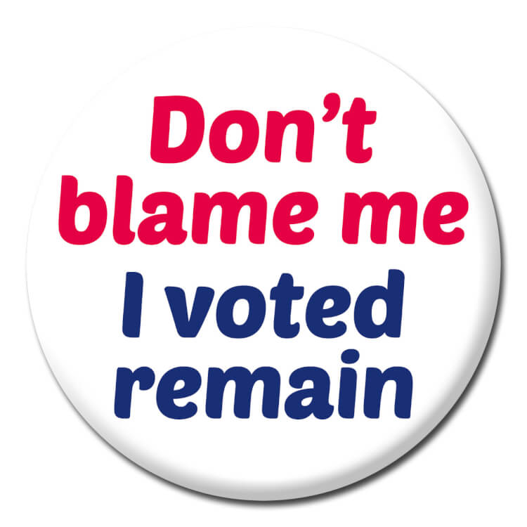 A white badge with text reading Don't blame me I voted remain