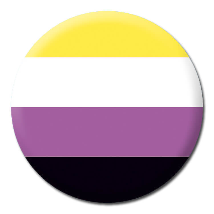 A badge displaying the non binary flag with the colour stripes from top to bottom as yellow, white, purple and black