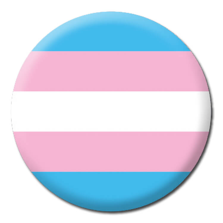 A badge displaying the trans flag with the colour stripes from top to bottom as blue, pink, white, pink, blue