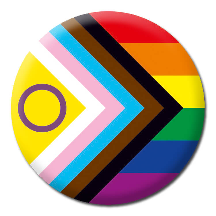 An LGBTQ+ badge with the intersex progress pride flag banner