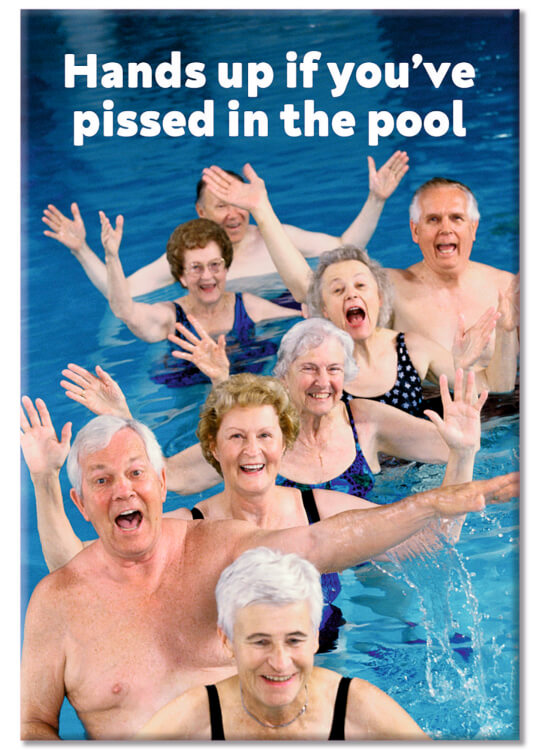 A fridge magnet with a photo of a mixed group of excited pensioners with their hands up in a swimming pool