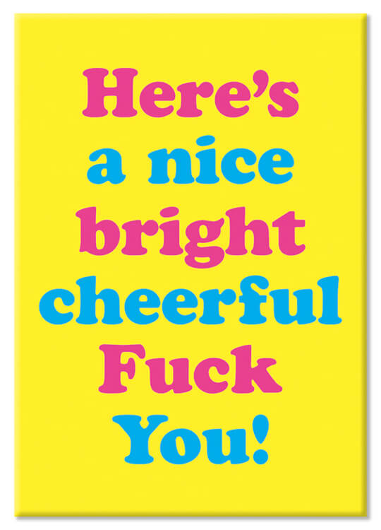 A fridge magnet with alternating blue and pink lower case text that reads Here's a nice bright cheerful fuck you