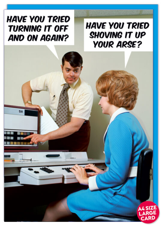 A card with a retro-style photo of a man and woman at an office computer