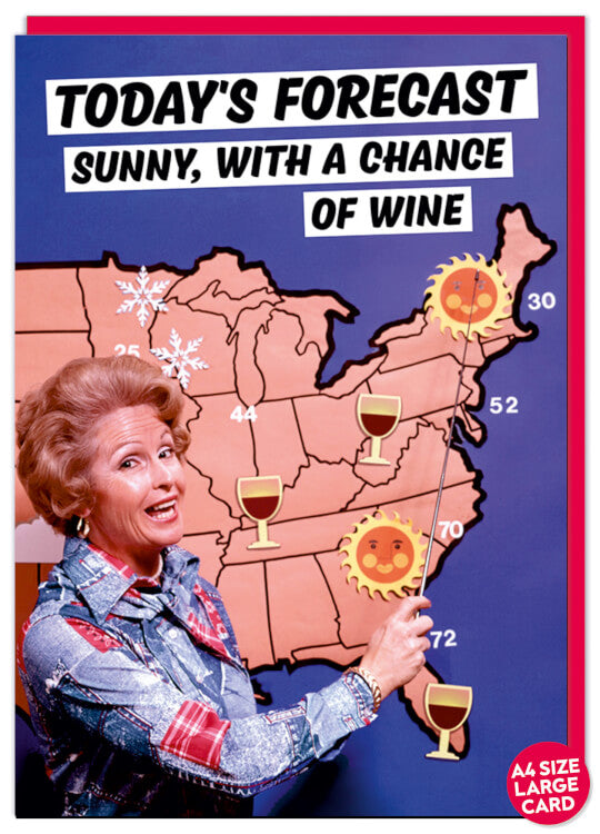 A purple card with a retro-style photo of a weather presenter pointing to the forecast