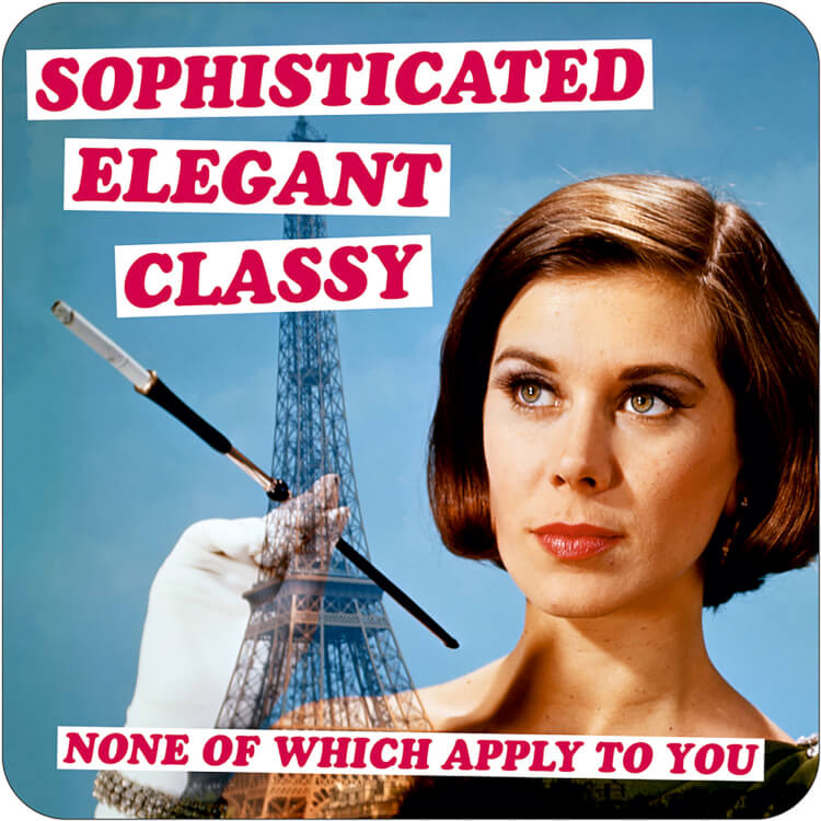 A coaster with a retro-style photo of a fashionable woman with a cigarette holder next to the Eiffel Tower