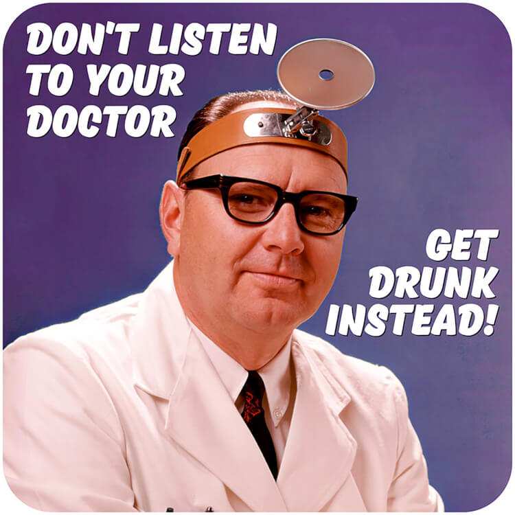 A lavender coloured coaster with a retro-style photo of a doctor wearing a head mirror