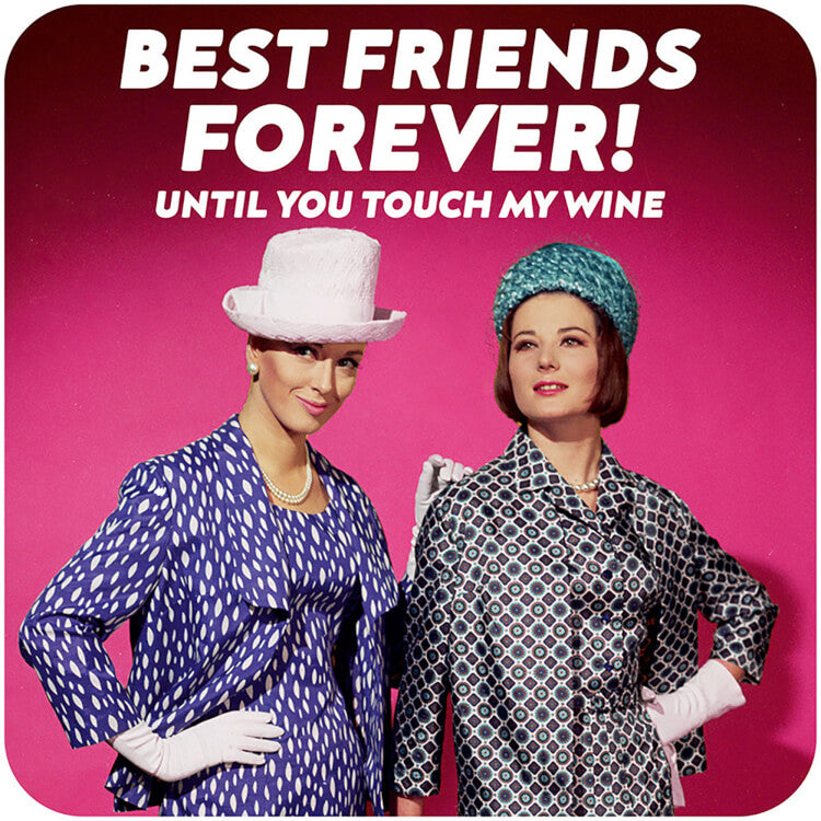 A coaster with a retro photo of two glamorous women in 1960's suits and hats against a pink background