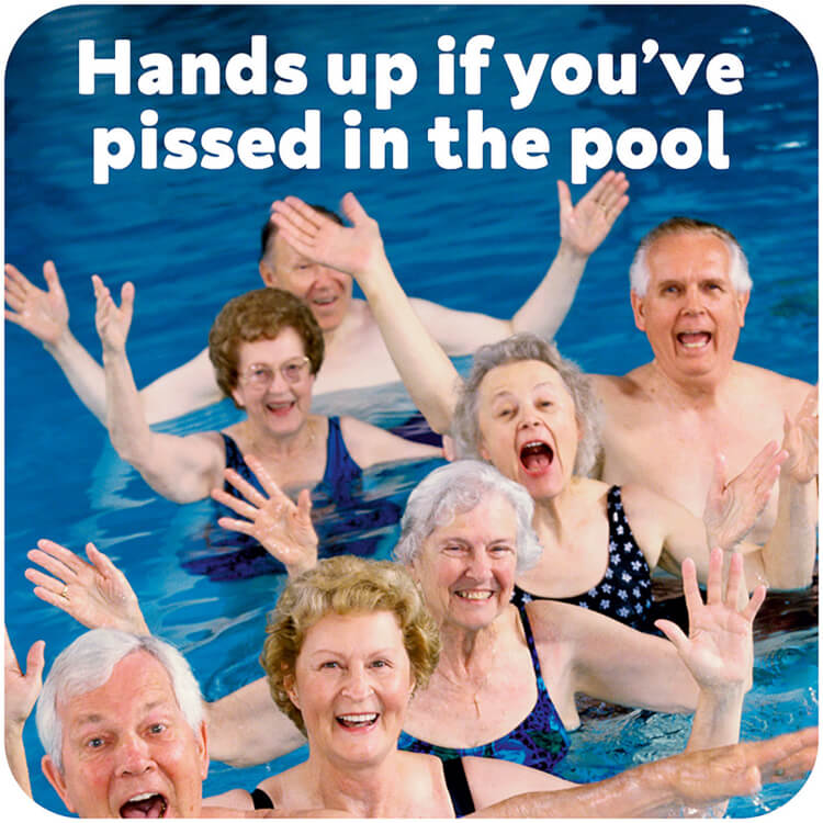 A coaster with a photo of a mixed group of excited pensioners with their hands up in a swimming pool
