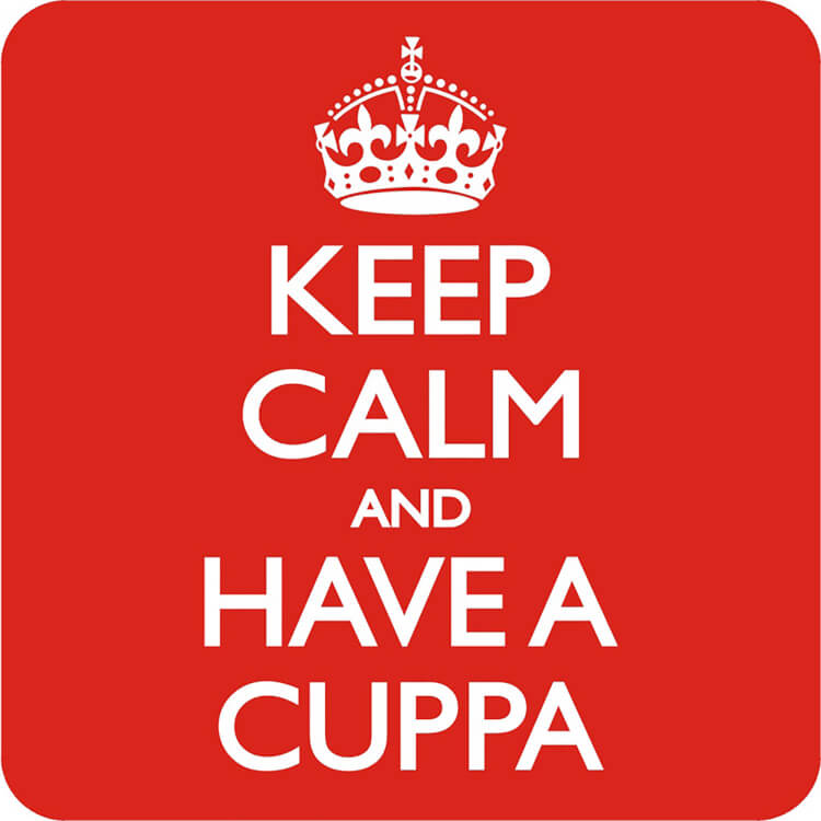 A bright pink coaster with the words Keep calm and have a cuppa