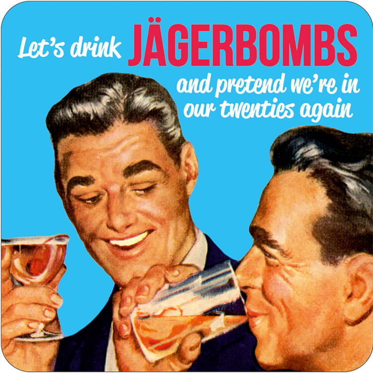 A coaster with a retro-style photo of two men in front of a blue background, drinking alcohol