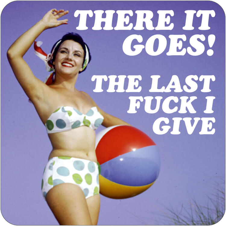 A lilac coaster with a retro-style photo of a woman in a bikini holding a beach ball and looking up into the sky