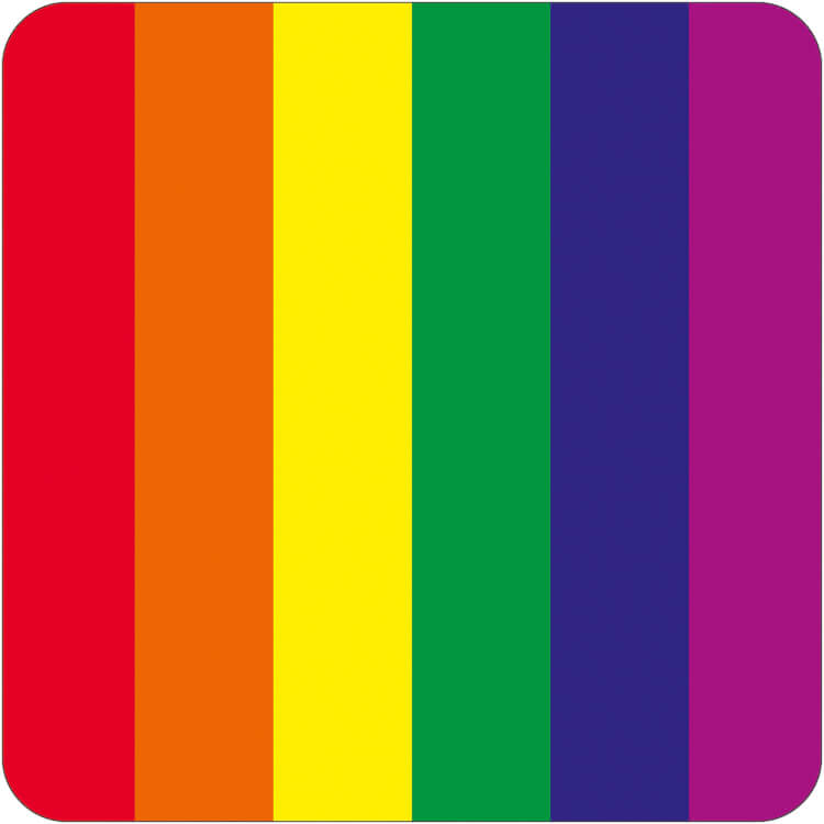 A plain rainbow coloured coaster in red, orange, yellow, green, blue and purple vertical stripes