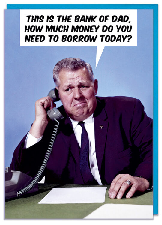 A Fathers Day card with a 1960s picture of worried looking man answering the phone