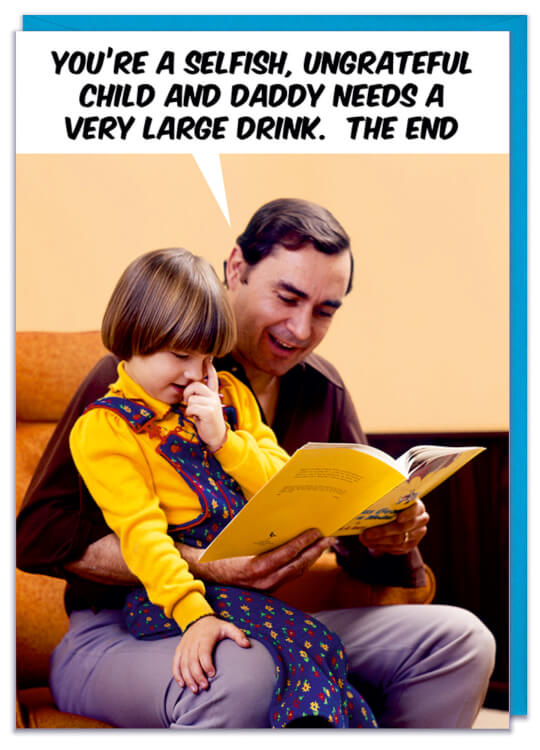 A funny Fathers Day card with a picture of a dad reading a book to his son