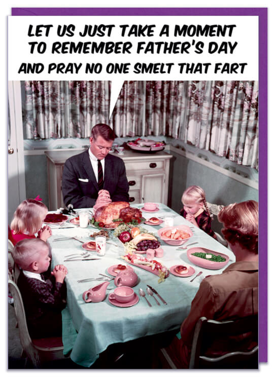 A funny Fathers Day card with a 1960s picture of a family sitting down to dinner