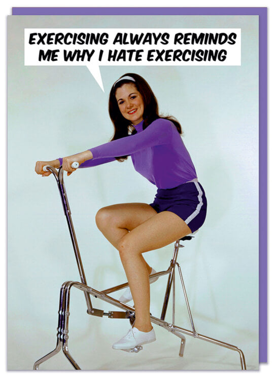 A birthday card with a 1970s picture of a woman smiling using an exercising bike