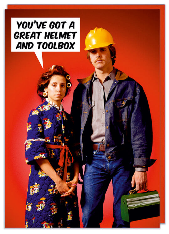 A birthday card with a 1970s picture of woman in a dressing gown and hair rollers standing next to a taller man in denim work gear with a bright yellow hard hat and holding a toolbox