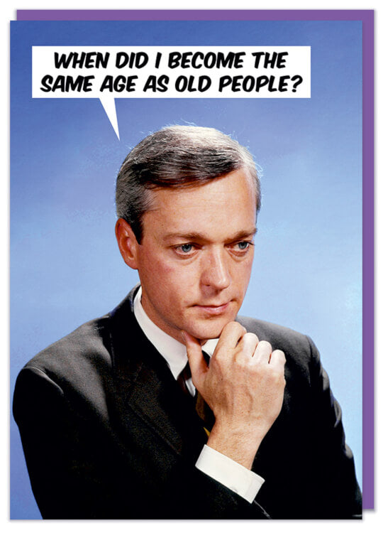 A greeting card with a 1960s photo of a serious looking older man in deep thought