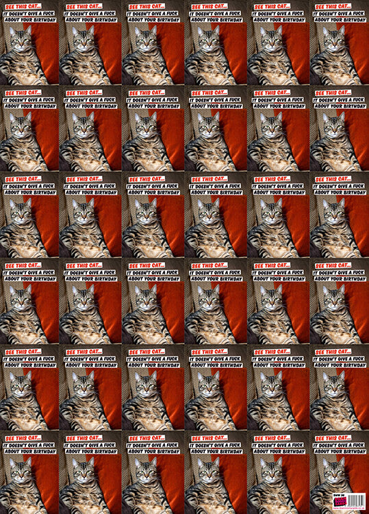 Wrapping paper with a repeated picture of a cat sitting up in an old fashioned arm chair