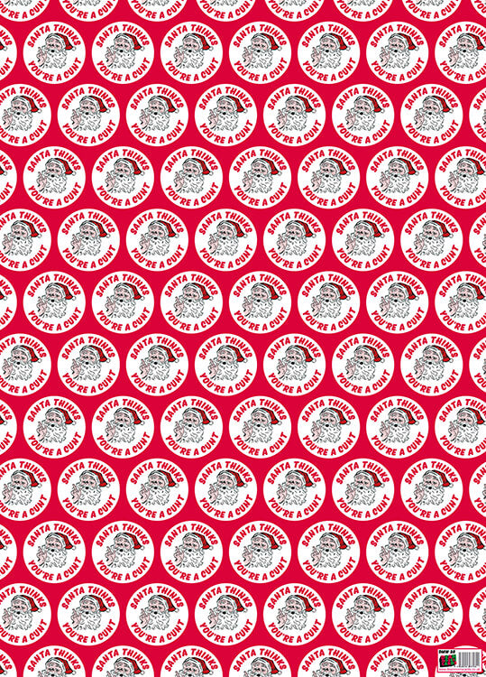 Red Christmas wrapping paper with white circles that have a drawing of Santa pointing and the words ‘Santa thinks you’re a cunt’ in capitalised red font going around the edge of the circle. This repeats across the entire paper