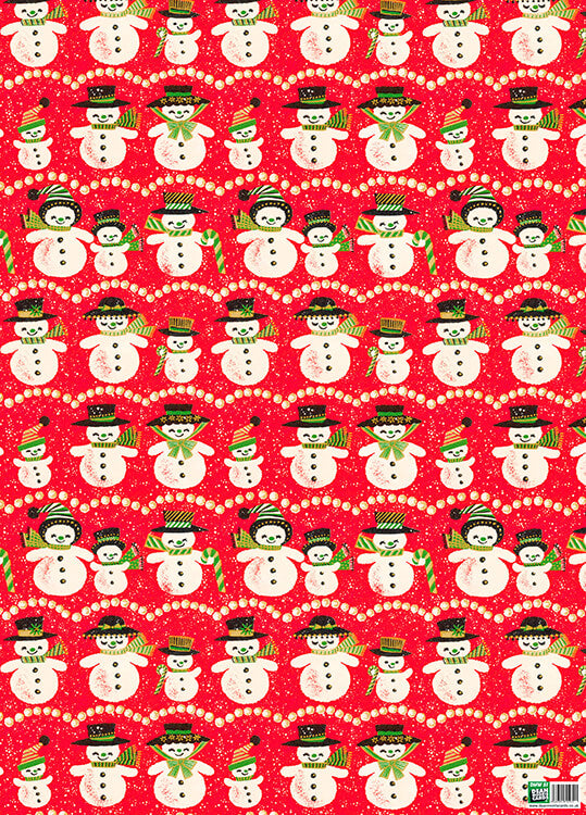 A wrapping paper with the repeating image of a smiling vintage snowmen illustrations against a festive red background